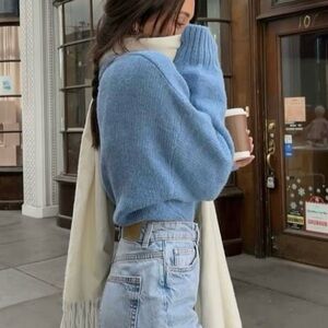 Chunky Blue Cropped Turtleneck Sweater